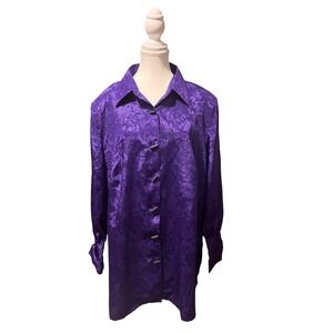 Vintage Purple‎ Jacquard Silky Button-Up Top Shoulder Pads Oversized
